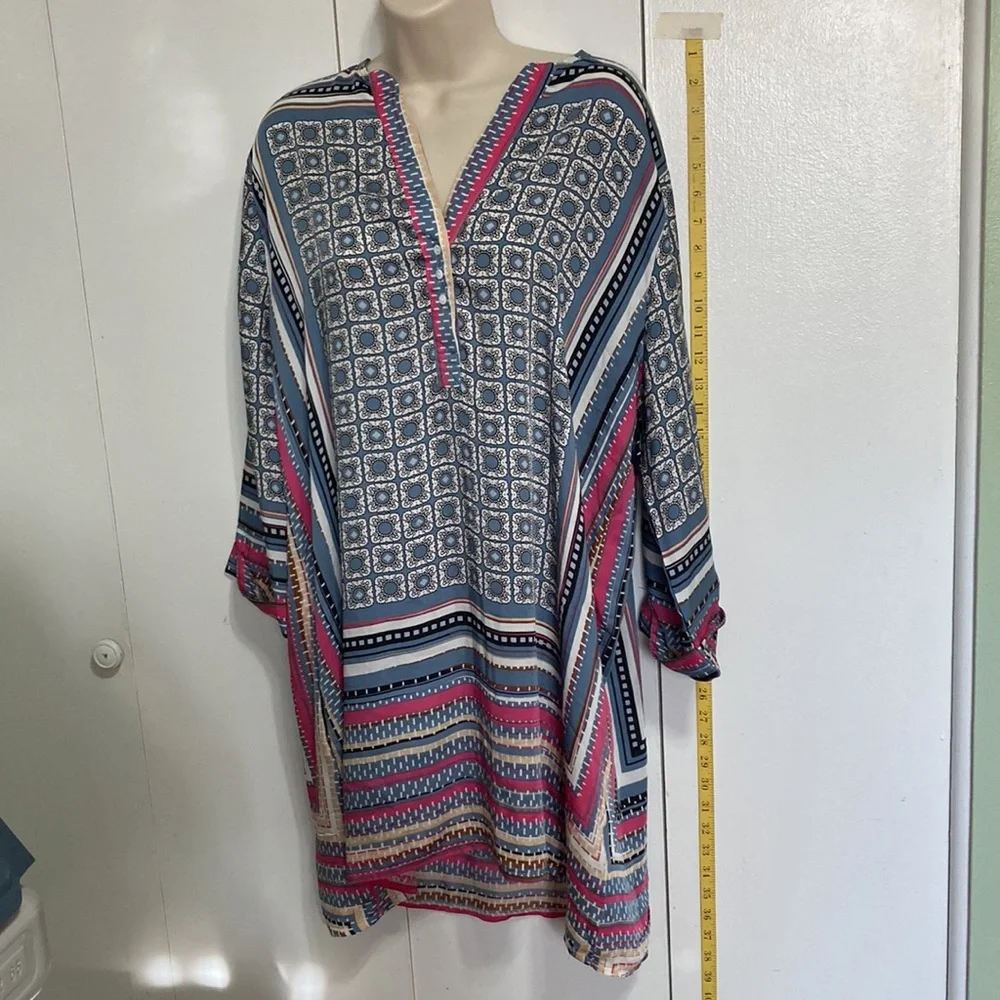 BEULAH Delilah Geometric Square 3/4 Sleeve Shirt Dress with Pockets Large - Picture 8 of 15